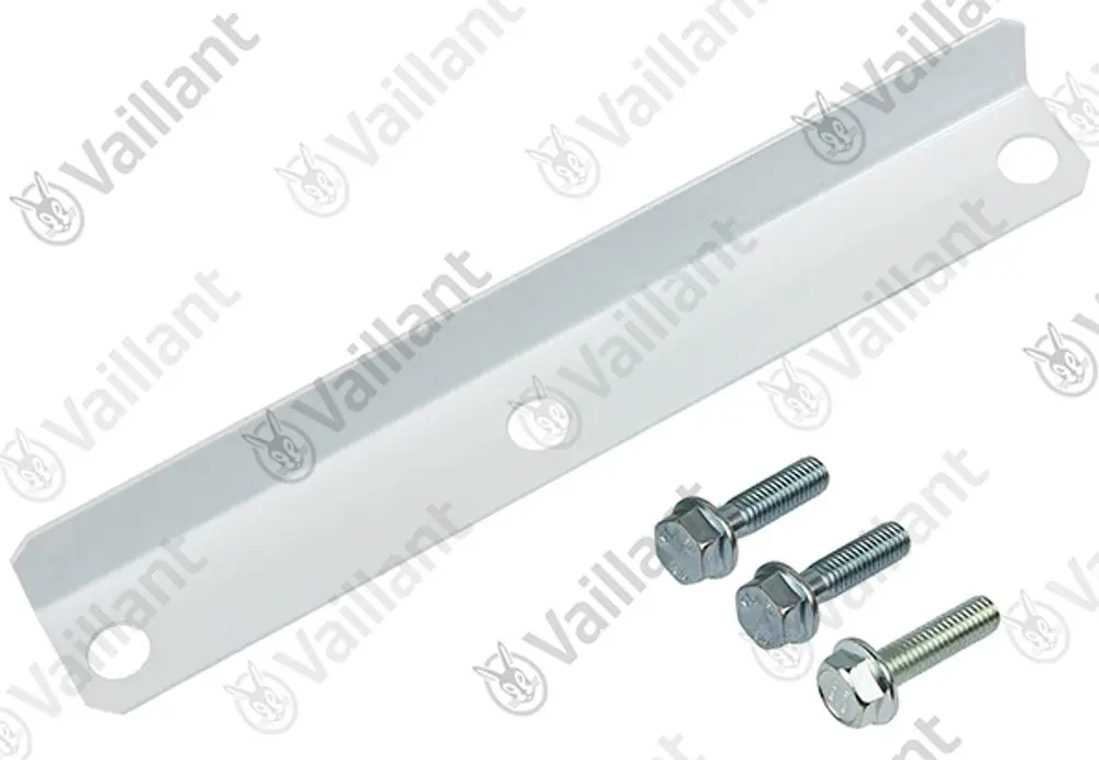 Halterung in Weiß von Vaillant, versehen mit zwei Löchern zur Befestigung, begleitet von drei Schrauben in unterschiedlichen Größen.